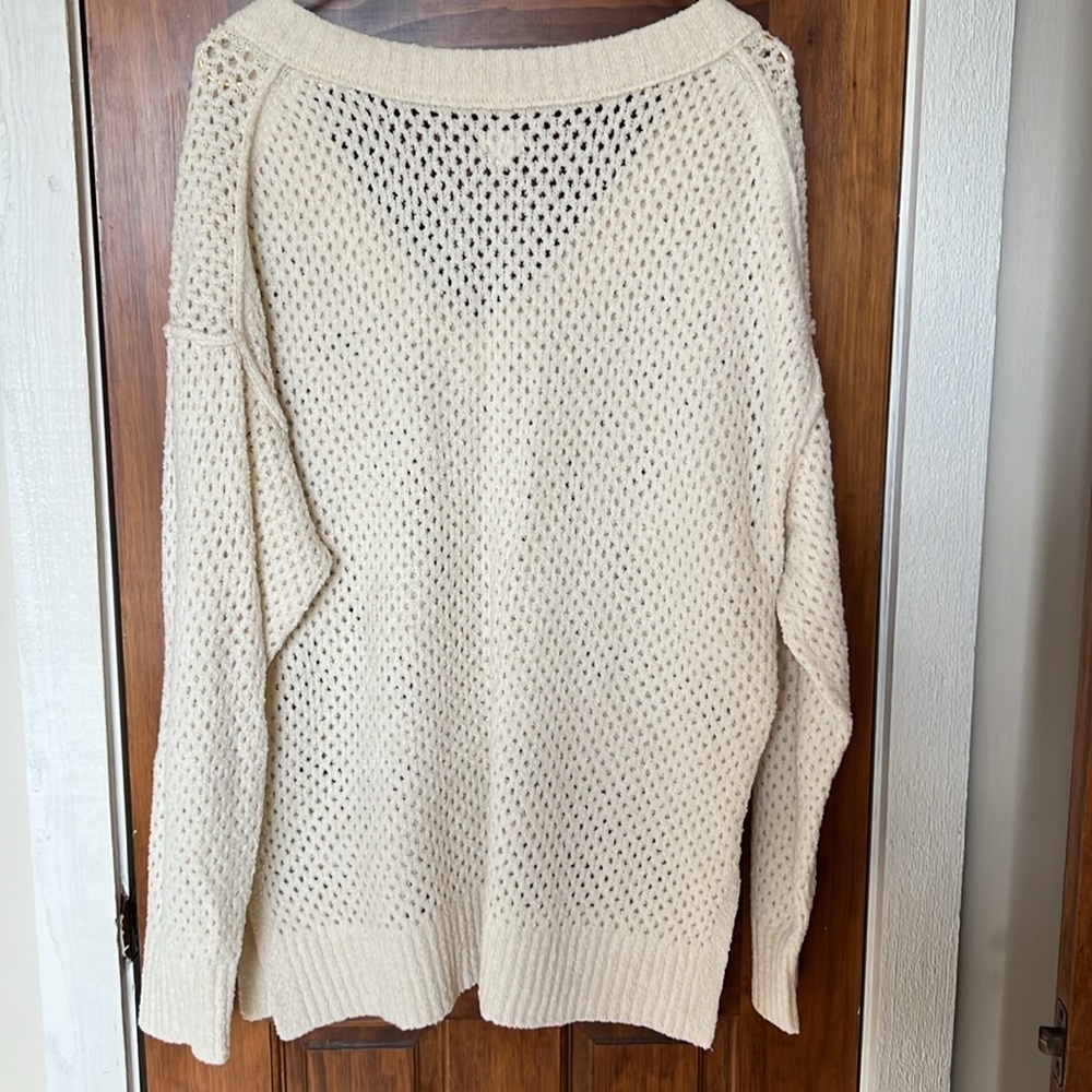 AERIE | Open Knit V Neck Sweater in Toasted Coconut | Large - Picture 3 of 8